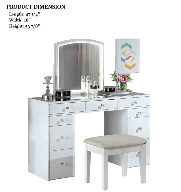 English Elm Contemporary Glam Vanity with Rhinestone Trim and Tempered Glass Top, High Gloss Finish, Illuminated Appeal White 27 L x 23 W x 32 H B2741S00683