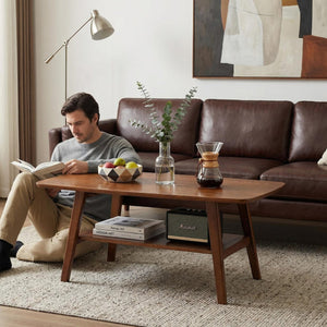 English Elm Mid Century Modern Solid Oak Two Tier Coffee Table with Open Shelf for Living Room Walnut W3204P469105