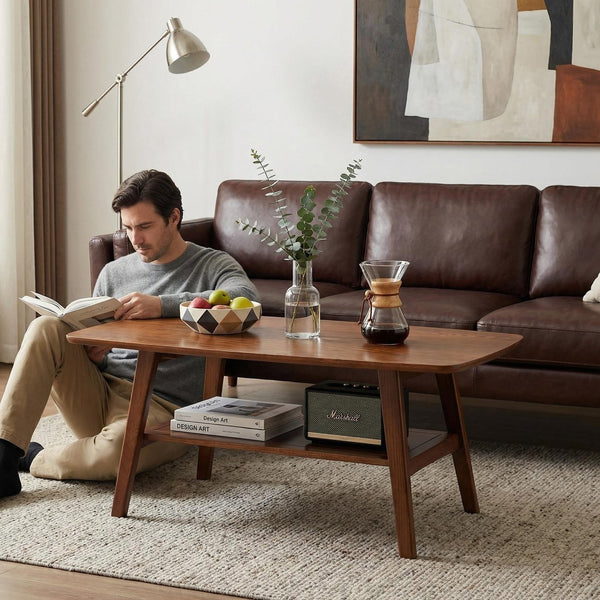 English Elm Mid Century Modern Solid Oak Two Tier Coffee Table with Open Shelf for Living Room Walnut W3204P469105