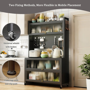 English Elm 64" 5-Tier Kitchen Pantry Cabinet on Wheels with Transparent Flip Doors, DIY Pegboard, Heavy-Duty Metal Storage Rack W3204P300624