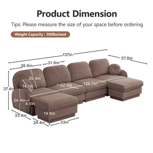 English Elm 137" Oversized U-shaped Chenille Sectional with Ottoman Quilted Cushions for Spacious Living Rose Dust W714S01782