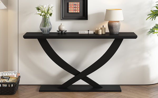 English Elm Mirod 57 Inch Acacia Veneer Console Table with Cross Leg Base for Entryway Black N760P214643B