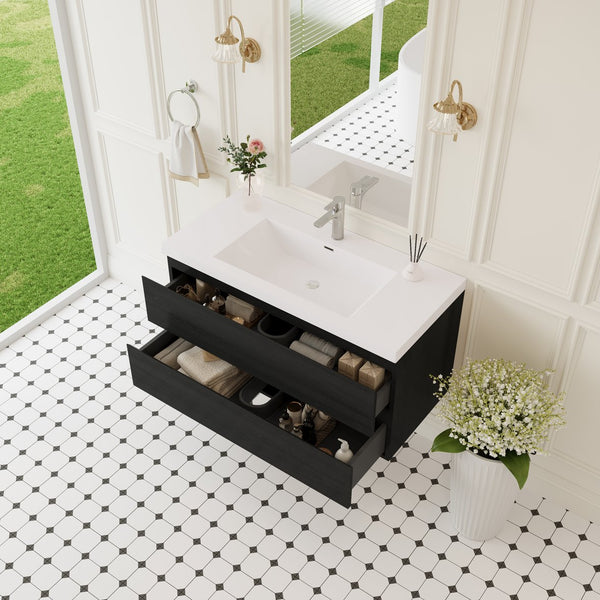 English Elm 42" Floating Bathroom Vanity Wall Mounted Espresso Cabinet Soft Close Resin Basin Espresso+White W1573P388434