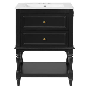 English Elm 24'' Retro Bathroom Vanity Mdf Cabinet with Ceramic Sink Open Shelf and 2 Drawers Black N710P405414B