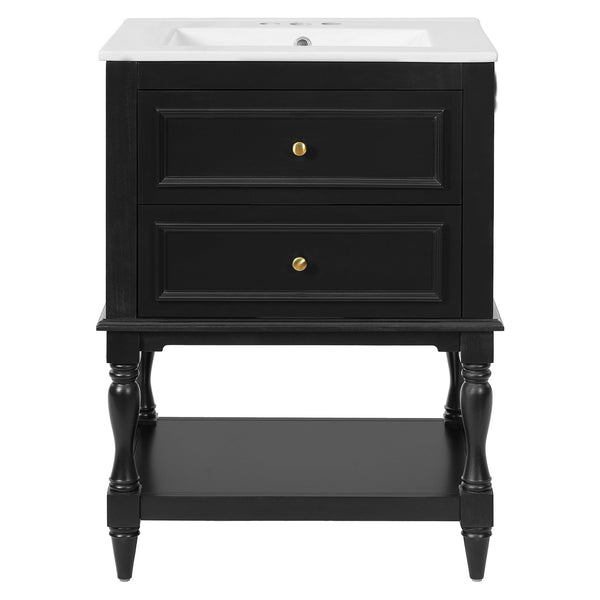 English Elm 24'' Retro Bathroom Vanity Mdf Cabinet with Ceramic Sink Open Shelf and 2 Drawers Black N710P405414B