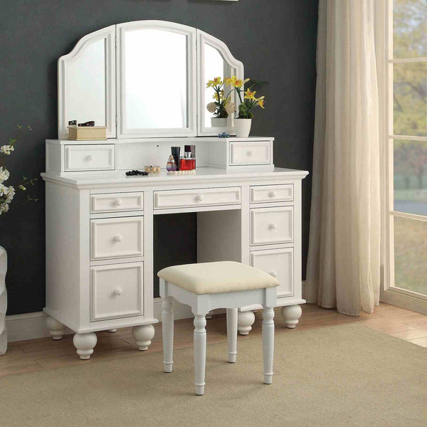 English Elm Transitional Glam Mirrored Vanity with Padded Stool, Spacious Drawers, Central Mirror for Prep and Storage White 51 L x 21 W x 30 H B2741P400803