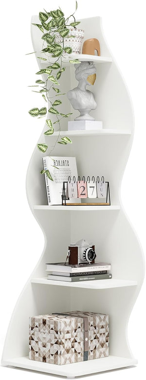 English Elm 5-tier Corner Shelving Unit Tall Engineered Wood Open Rack for Bedroom or Office White T3971P418260