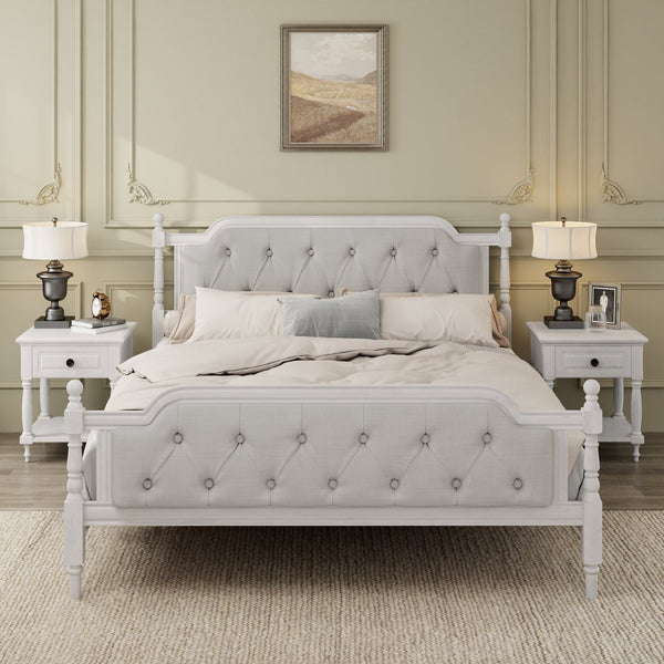 English Elm Traditional Solid Wood Bed Frame with Tufted Upholstered Headboard, No Box Spring Needed, Sturdy Support Antique White 83.1 L x 15.5 W x 5.1 H BS701P242647K