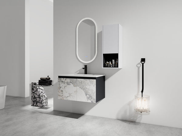 English Elm 30" Wall-Mounted Bathroom Vanity Set With Ceramic Sink, Soft-Close Doors & Ample Storage Solution W999S00331