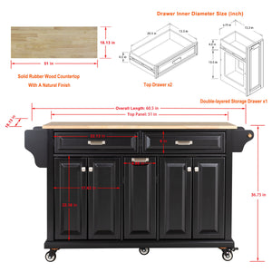 English Elm Kitchen Island Rubber Wood Countertop Mobile Cart with Towel & Spice Racks, Drawers, Storage Wheels Black W914P147991