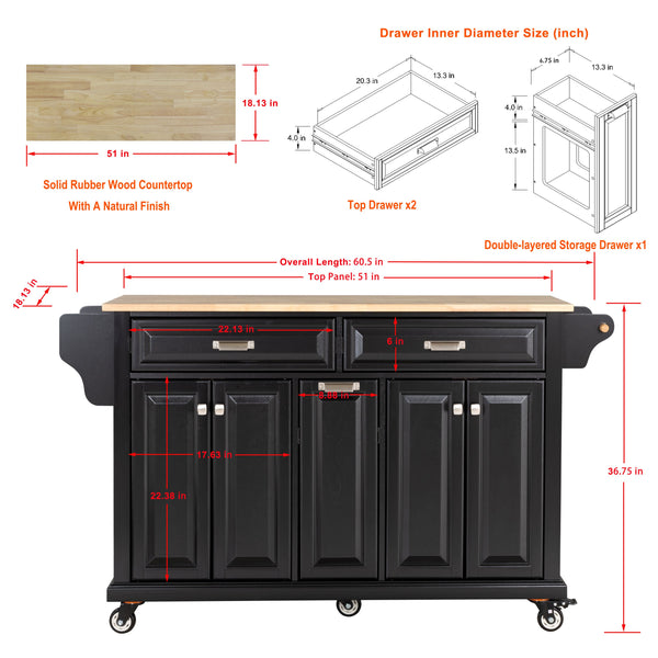 English Elm Kitchen Island Rubber Wood Countertop Mobile Cart with Towel & Spice Racks, Drawers, Storage Wheels Black W914P147991