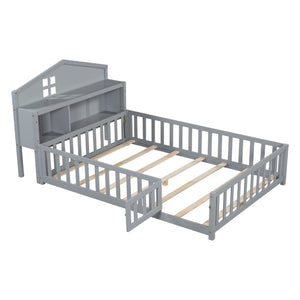 English Elm Full-size Montessori Floor Bed with Built-In Bookcase and Chalkboard, Space-Saving Solid Wood Platform for Kids Grey 56.3 L x 17.32 W x 5.31 H W1716S00013