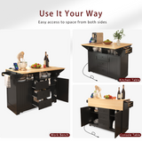 English Elm K&K 55.7'' Large Kitchen Island With 2 Drop Leaf,, Rolling Kitchen Cart On 5 Wheels With Power Outlet, Folding Storage Dining Table With Spice & Towel Rack , 3 Drawers, For Kitchen, Dining Room,Black