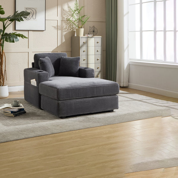 English Elm [New]Corduroy Upholstered Chaise Lounge Sofa with Detachable Cushions, Deep Seat, Cup Holders Grey W2120P322753