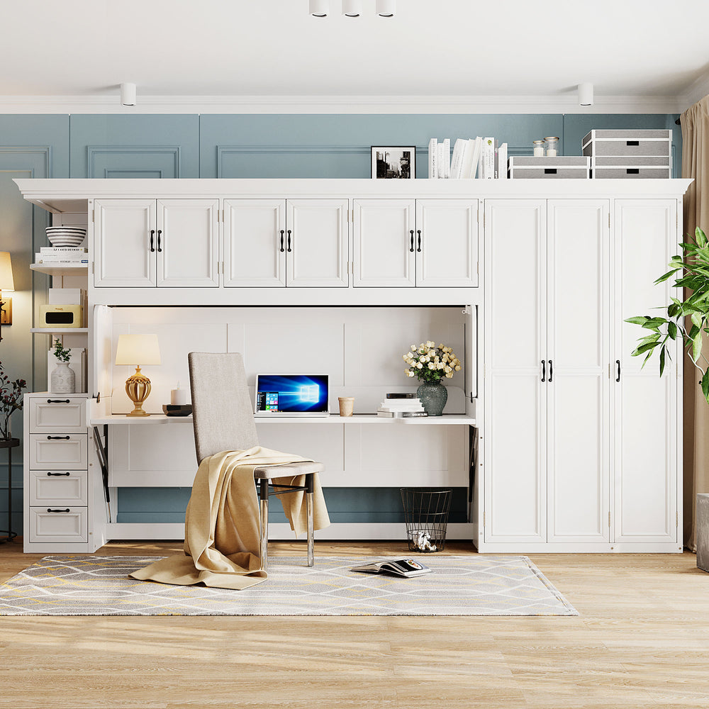 English Elm Twin Murphy Wall Bed with Integrated Desk Wardrobe and Storage Cabinet in White LP000767AAK