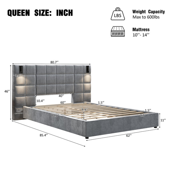 English Elm Queen Velvet Platform Bed Wide Headboard Built in Sconces Usb Ports Modern Bedroom N757Q200046G-1
