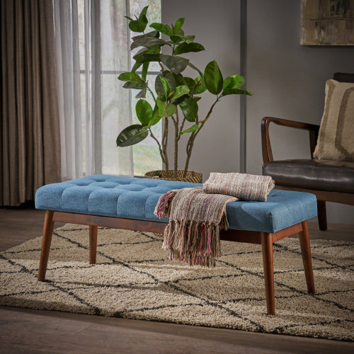 English Elm Mid-century Button Tufted Ottoman with Walnut Tapered Legs for Living Room Bedroom Blue N778P440482B