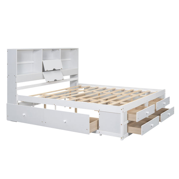 English Elm King Solid Wood Platform Bed with 8 Drawers and Storage Headboard, Durable MDF Frame, 500lb Capacity White GX000454AAK