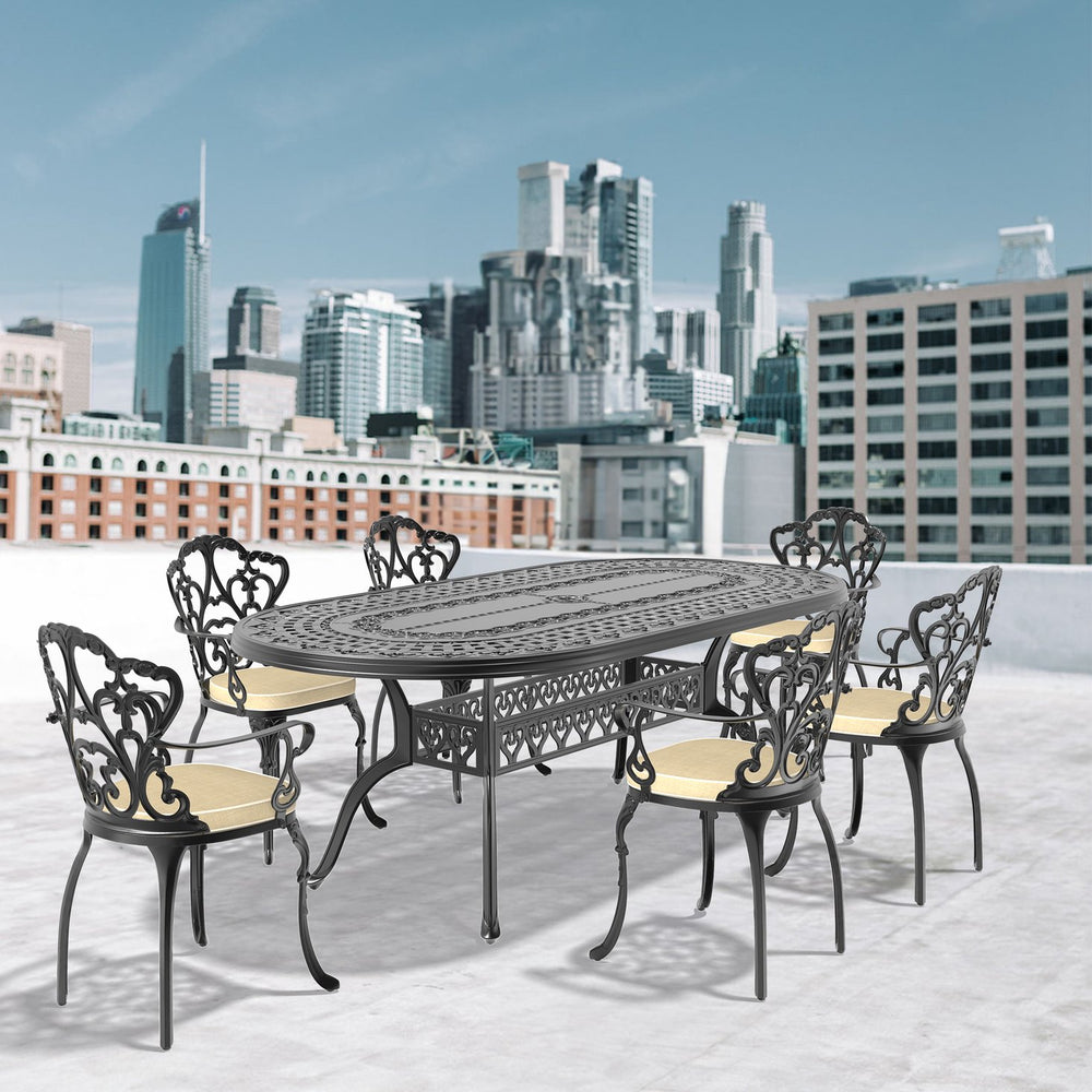 English Elm 7-Piece Cast Aluminum Patio Furniture Set With Off-White Cushions For Stylish Outdoor Dining & Relaxation W1710S00406
