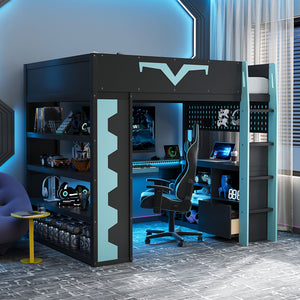 English Elm Full Size Gaming Loft Bed with Desk Rgb Lighting Power Outlet and Storage Drawer Blue LT000285AAC