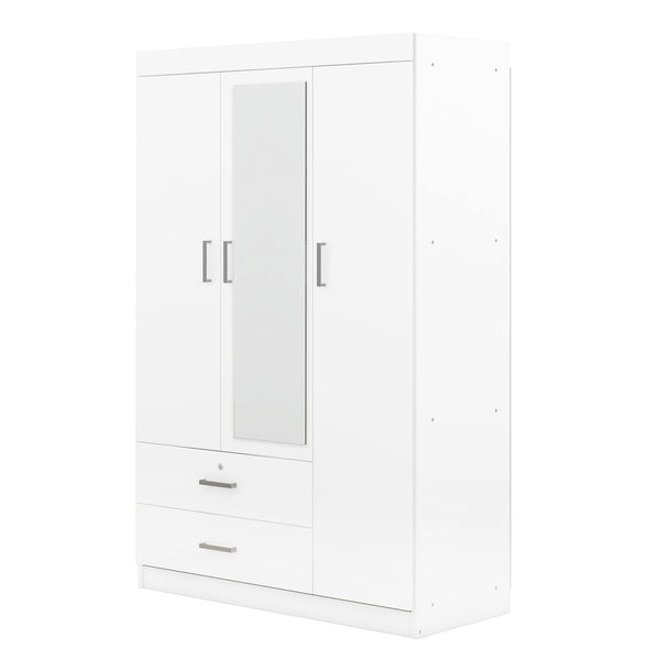English Elm 3-door Wardrobe with Full Length Mirror Lockable Drawer and Bedroom Shelf Storage White LP006601AAK
