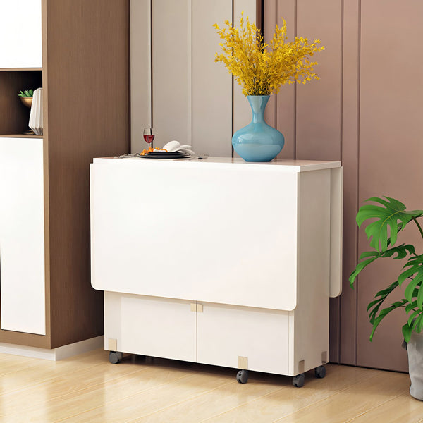 English Elm Folding Drop Leaf Dining Table with 6 Wheels, 2-Tier Storage Shelves, Space-Saving Expandable Table W3101P346286