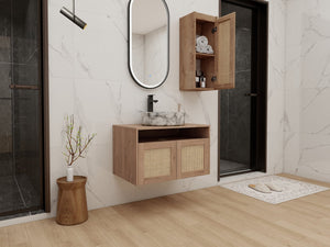 English Elm 30" Floating Bathroom Vanity Set with Ceramic Vessel Sink and Rattan Side Cabinet W999S00497