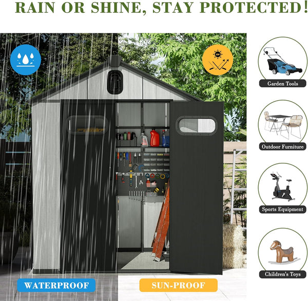 English Elm 6x4ft Outdoor Resin Storage Shed Gable Roof Skylight Vented Lockable Garden Unit W1859S00172