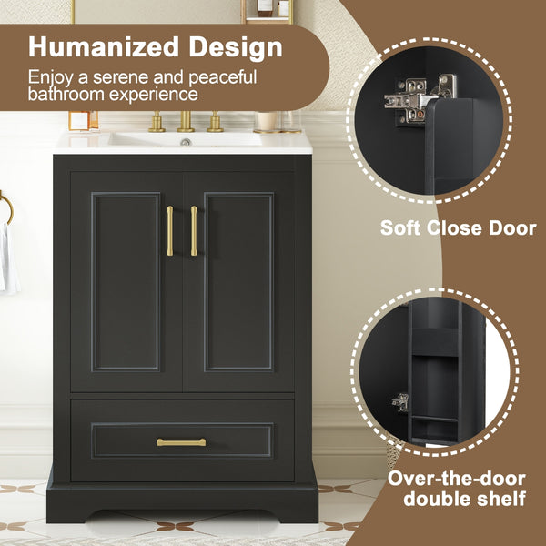 English Elm 24"Bathroom Modern Vanity with Ceramic Sink, Solid Wood Frame, Soft-Close Doors & Smart Storage System Black N729P321378B