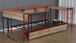 English Elm Corner Twin Bed Frame with Bookcase, LED Light & USB Charging, Reversible Daybed w/Storage Drawers W1670P255558