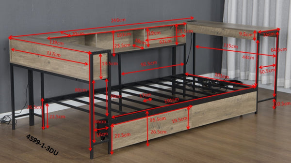 English Elm Corner Twin Bed Frame with Bookcase, LED Light & USB Charging, Reversible Daybed w/Storage Drawers W1670P255558