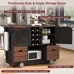 English Elm K&K 54" Farmhouse Kitchen Island Cart with Drop Leaf, Wine Rack, Power Outlet and Rolling Storage Black N707P349814B