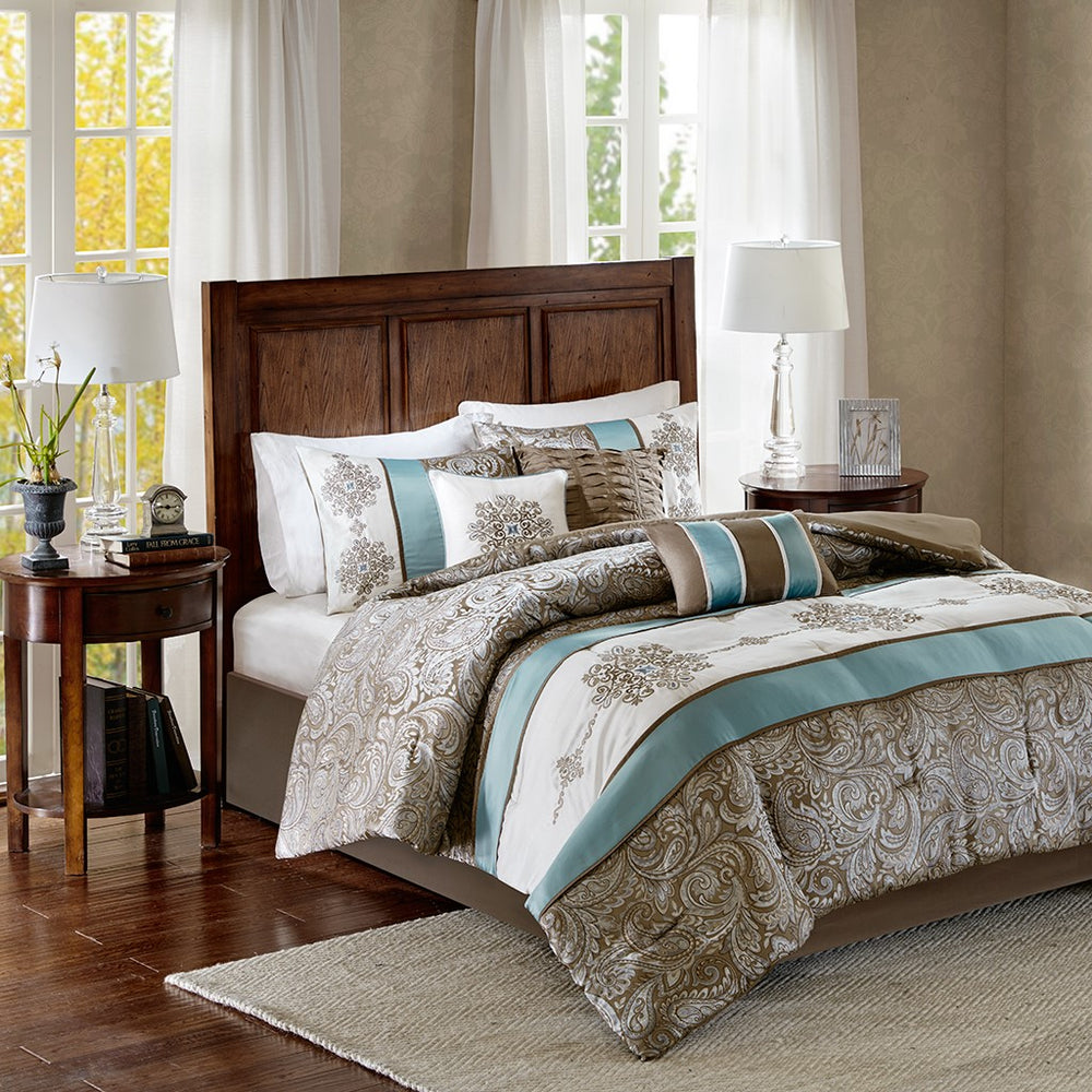 English Elm Jacquard Madison Park Caroline 7-Piece Comforter Set Cal King - Blue Paisley Jacquard, Embroidered Medallions, Brown Piping B03596990