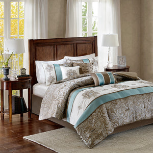 English Elm Jacquard Madison Park Caroline 7-Piece Comforter Set Cal King - Blue Paisley Jacquard, Embroidered Medallions, Brown Piping B03596990