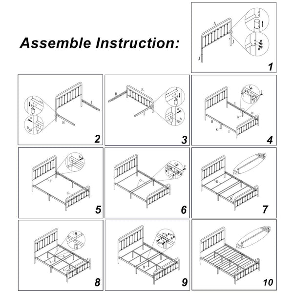 English Elm Metal Queen Bed Frame Victorian-Style Platform with Silent Steel Slats, No Box Spring Needed, 450lb Capacity W840P296696
