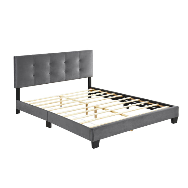 English Elm 1pc Queen Platform Bed Brown Velvet Upholstered with Button Tufted Adjustable Headboard, Low-Profile Solid Wood Frame 42" H Dark Gray 65.5 L x 26 W x 5 H B011P203579