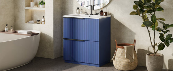 English Elm Christopher Knight Home® - 30" Freestanding Bathroom Vanity With Ceramic Sink, Soft-Close Drawers & Elegant Fluted Design In Blue N817P288915B