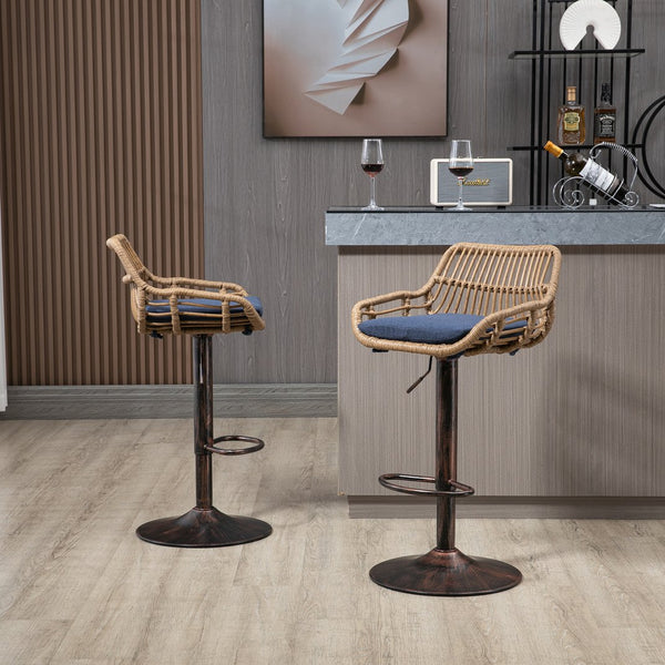English Elm Modern Swivel Bar Stools Set of 2 Adjustable Counter Height Chairs with Linen Seat Vintage Gold Frame Blue W39594821