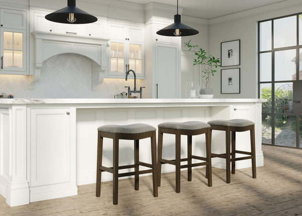 English Elm 31in. Farmhouse Whitewash Hardwood Barstool Nailhead Upholstered Seat Kitchen Island Accent Smoke Grey B2751P436421