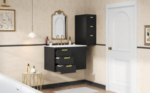 English Elm 30" Bathroom Vanity with Sink — Wall-Mounted Ceramic Basin, Soft-Close Storage, Floating Modern Design Black N710S324096B