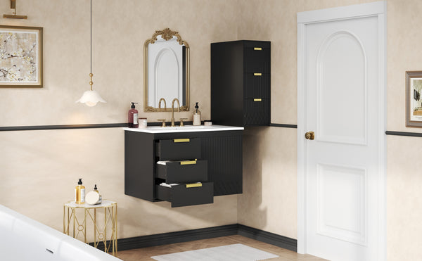 English Elm 30" Bathroom Vanity with Sink — Wall-Mounted Ceramic Basin, Soft-Close Storage, Floating Modern Design Black N710S324096B