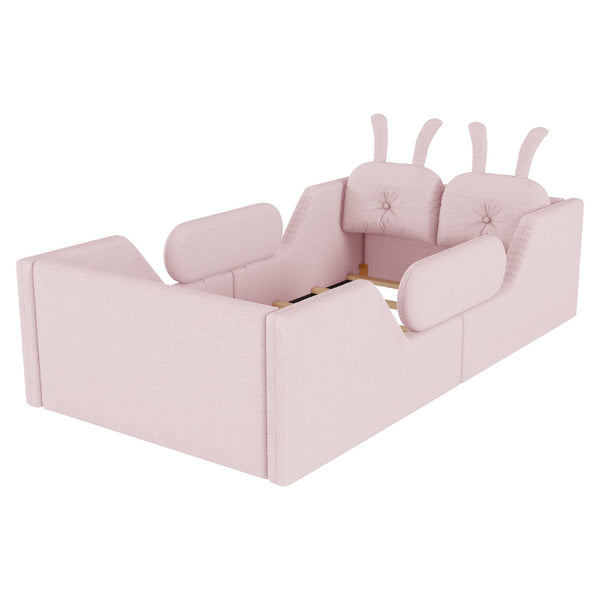 English Elm Twin Kids Platform Bed Teddy Fabric Upholstered with Bunny Cushions and Safety Rails Pink W2593P395807