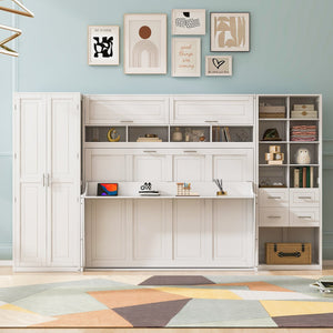 English Elm Full Size Murphy Wall Bed with Wardrobe Drawers Shelving for Studio Apartments LP000383AAK