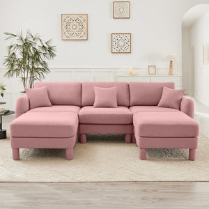 English Elm Boucle U-Shaped 3-Seater Sectional Sofa With Shell Armrests & Movable Ottomans In Chic Pink Color W3041S00294