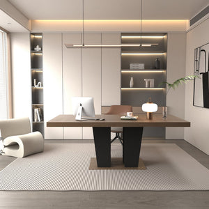 English Elm Extendable Faux Marble Dining Table with V-Legs — Sleek Expandable Conference & Kitchen Centerpiece for 6–10 Beige+Brown W1347S00007