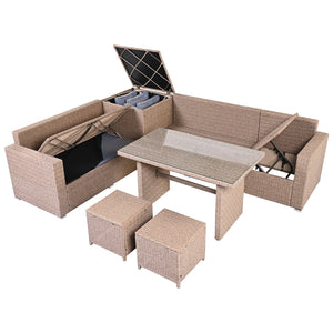 English Elm Topmax Outdoor Wicker Sectional Set with Storage Adjustable Seating and Tempered Glass Table Light Grey N717S100005G