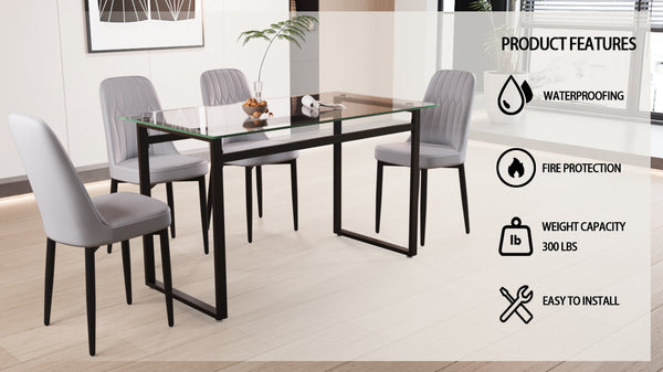 English Elm 51" Rectangular Tempered Glass Dining Set with Matte Black Legs and Pu Cushioned Chairs W3732S00066