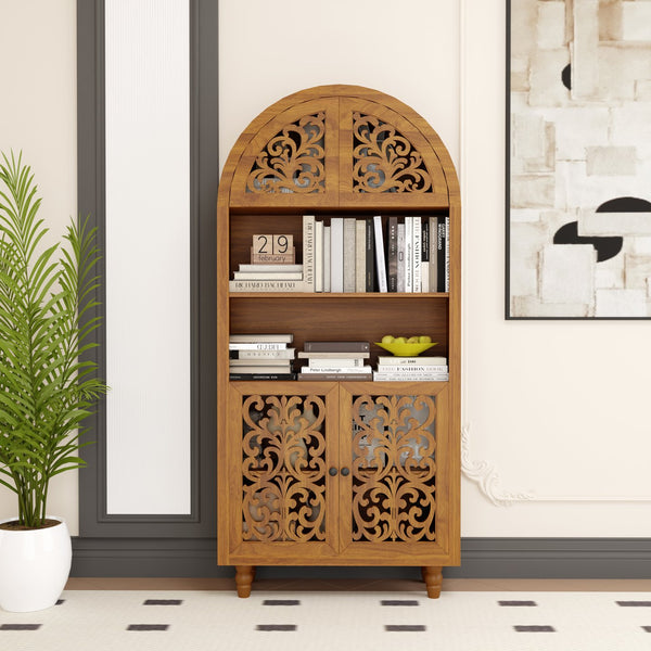 English Elm Vintage Hand-carved Solid Wood Bookcase Tall Arched Open Shelf Cabinet for Living Room W3123P485777