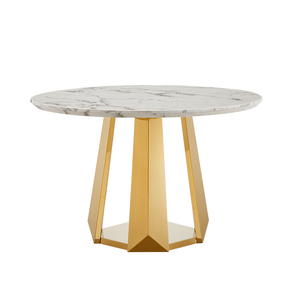 English Elm 47" Round Marble Dining Table - Modern High Gloss Faux Marble Top & Stainless Steel Base For Stylish Spaces W3456S00010