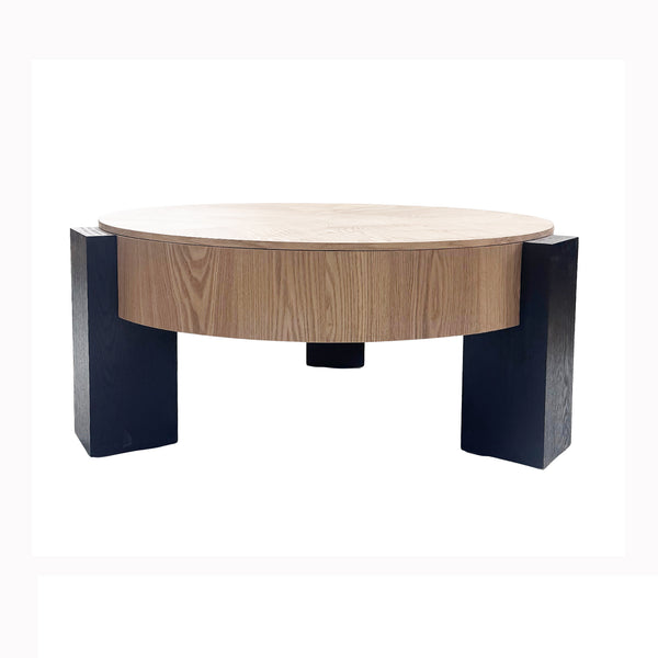 English Elm 33'' Round Coffee Table Parquet Veneer Flip Top Hidden Storage Wabi-sabi Living Room Matte Black,Natural Wood W1435P419318